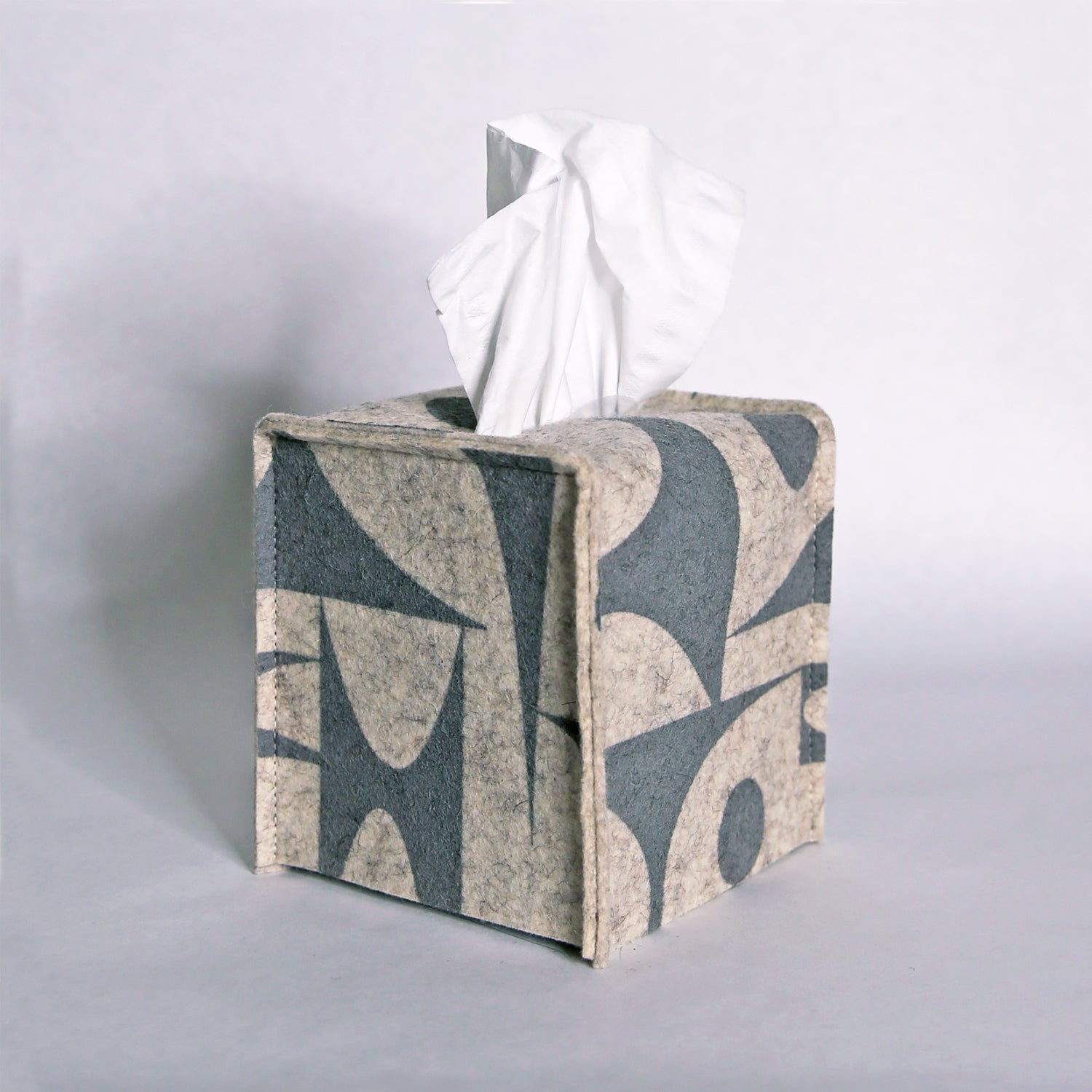 Tissue Box Cover GeoJazz Grey on Raw White | Lorraine Tuson